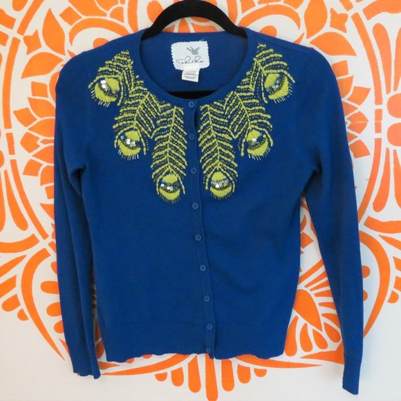 Tabitha Sweaters - Tabitha Anthropologie Blue Beaded Peacock Sweater